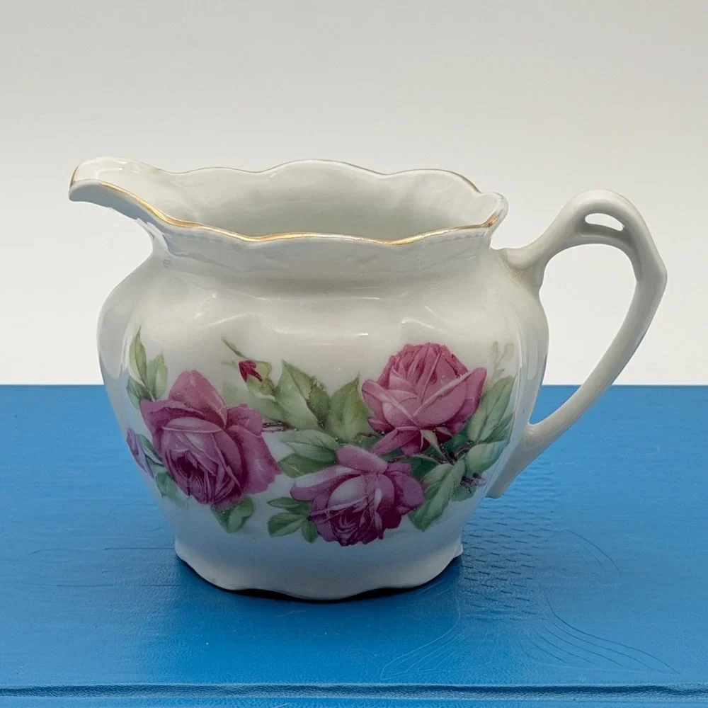 Vintage Germany Porcelain Creamer Pitcher Pink Rose Floral Gold Trim Scalloped